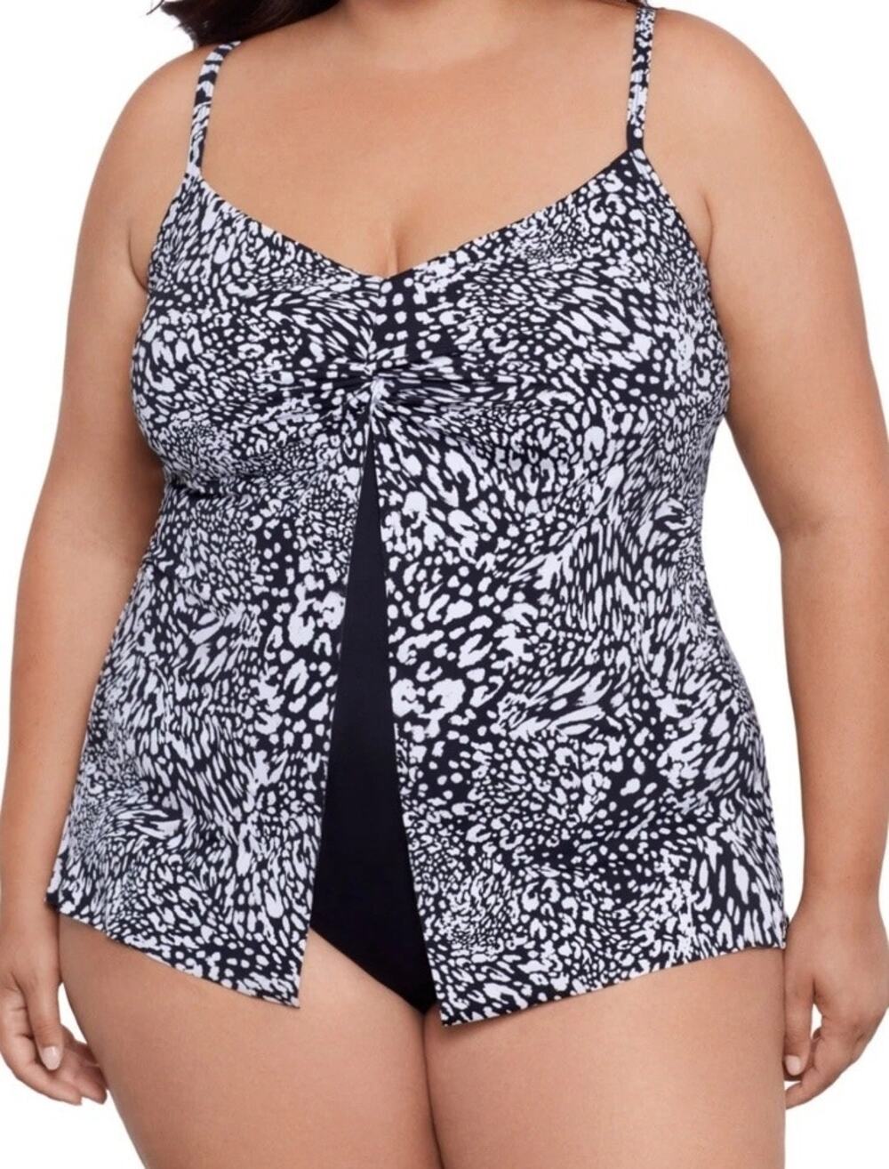Swim Solutions Plus Size Printed Flyaway Fauxkini One Piece Leopard Swirl